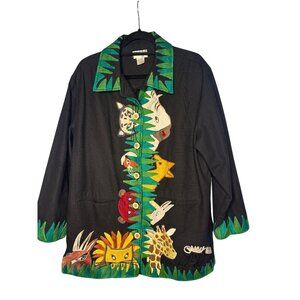 Anage Black Jungle Animal Embroidered Jacket L 100% Cotton